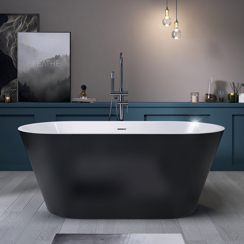 67'' x 30'' Acrylic Freestanding Bathtub Contemporary Stand Alone Deep Soaking Tub with Center Drain, Matte Black
