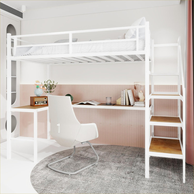 Lit plateforme simple en fer simple avec bureau en forme de L intégré et escalier de rangement intégré, blanc éclatant