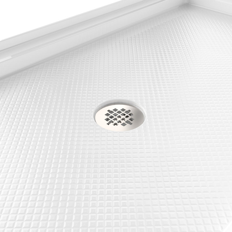 DreamLine SlimLine 34 inch D x 60 inch W x 2 3/4 inch H Single Threshold White Alcove Shower Base with 2 inch Polished Nickel Center Round Drain
