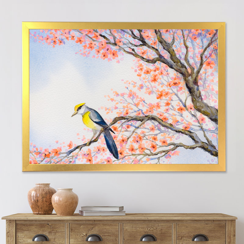 «Beautiful Blue Bird on Flowering Branch I», peinture sur toile encadrée, Encadrement doré, H 24 po x l 32 po x P 1 po