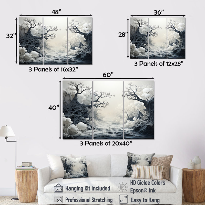 Monochromes de tempêtes marines - Ensemble de décorations murales corail sous l'eau, Toile tendue, H 28 po x l 36 po x P 1 po