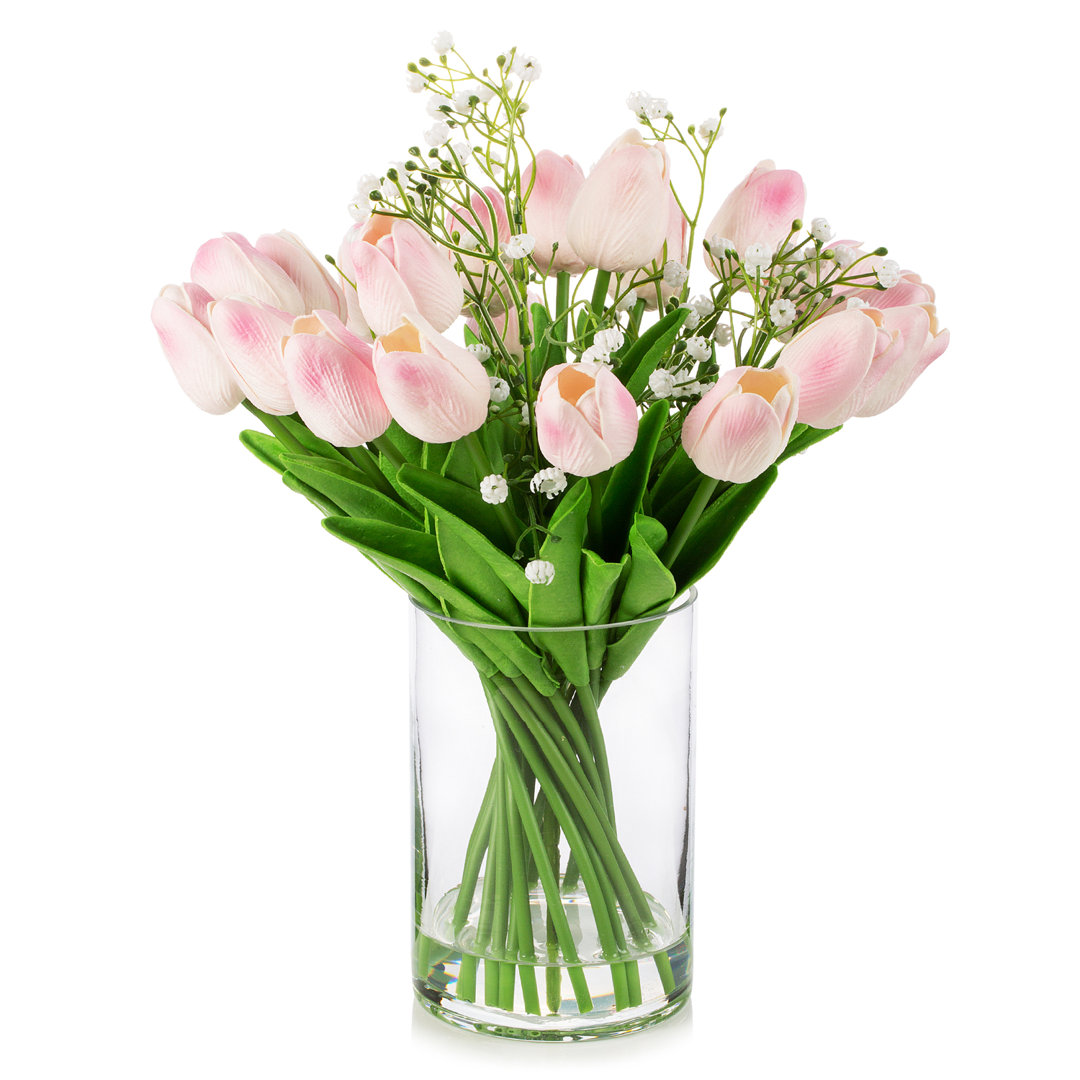 Tulip Floral Arrangement in Vase Primrue Flowers/Leaves