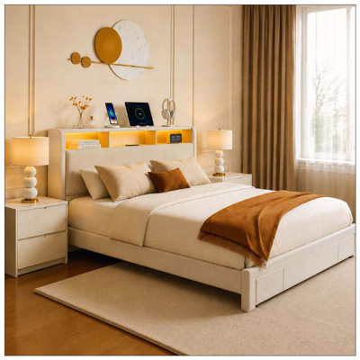 Lit tapissier avec tiroirs, tête de lit avec station de charge et lumière DEL, matelas à ressorts Bo nécessaire