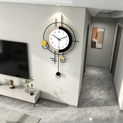 Large Wall Clock Decorative Modern Pendulum Clock Silent Non-Ticking Battery Operated Black Metal Frame with Acrylic Accent, 16 Inch Round Design for Living Room Kitchen Bedroom Office Home Decor