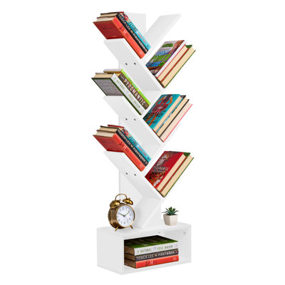 Sorbus 44.25"H x 15"W Tree 7 Tier Bookshelf with Storage Shelf, Cable Access, and Non-Slip Pads, White