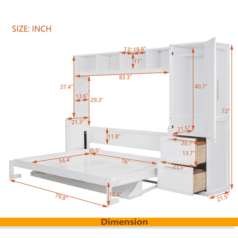 Lit escamotable double avec placard et tiroirs, Blanc