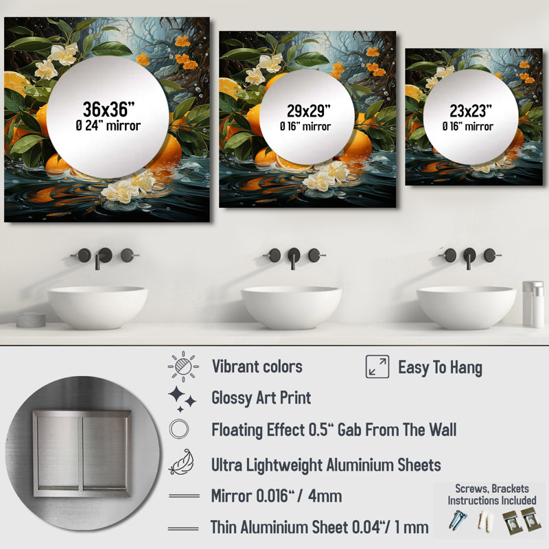 Harkenreader - Art mural miroir carré orange Tropical Twist I pour la salle de bain, 36 po x 36 po