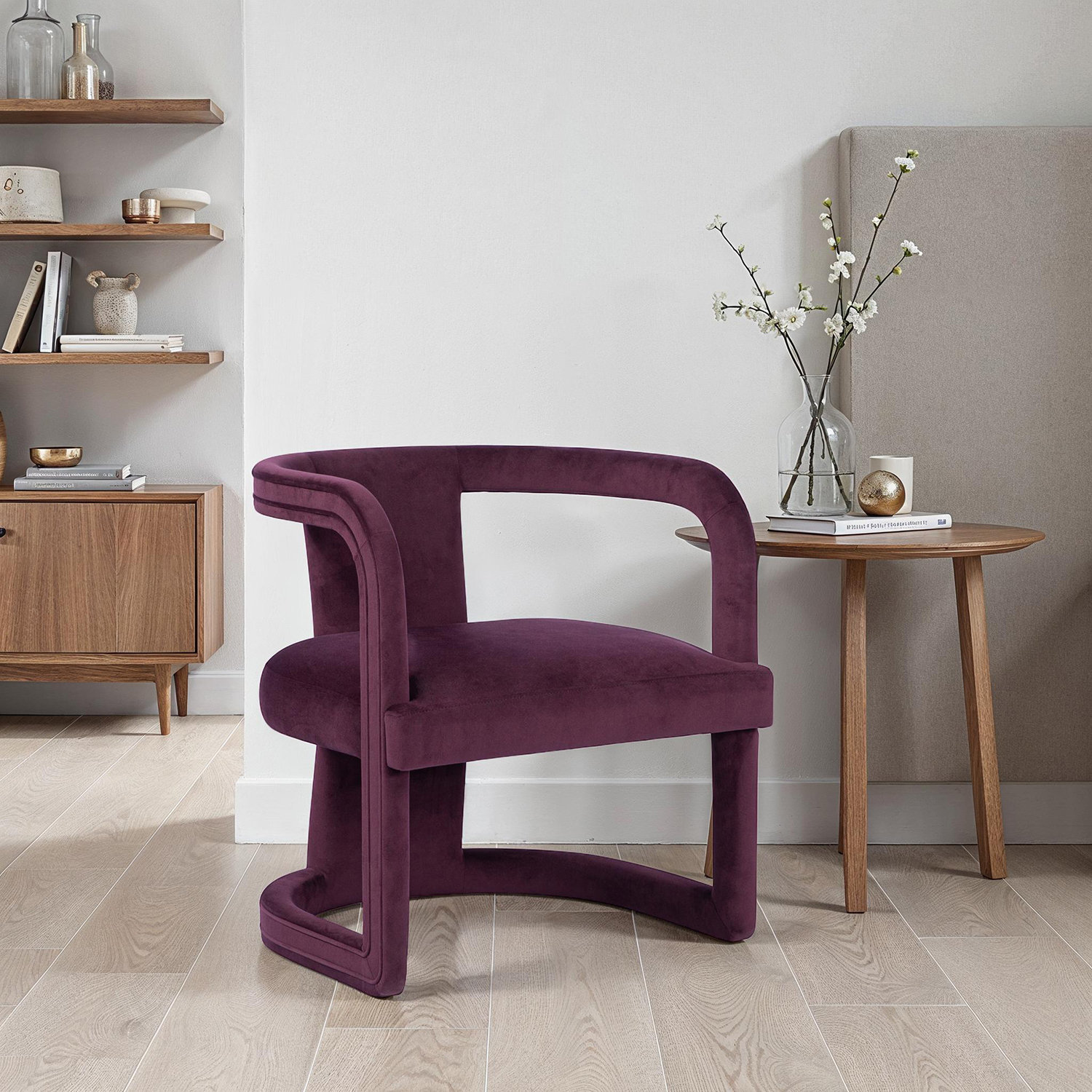 Nolita Mahogany Barrel Chair, Stax Plum Performance Velvet