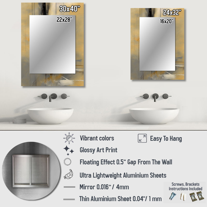 Yellow And Grey Beyond The Canvas IV - Abstract Painting Decorative Wall Mirror, Yellow Mirror, Printed Metal Art, 40" x 30"