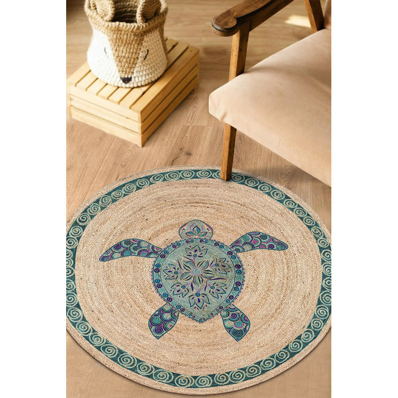 Tapis beige en jute tissé à la machine Calke, Rond 4 pi 11 po