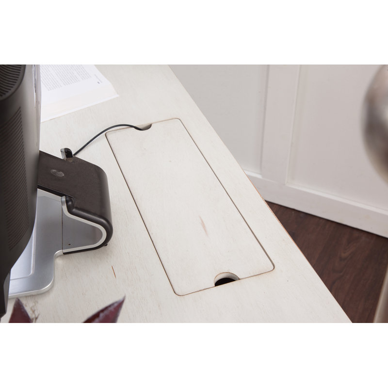 Ilfracombe Solid Wood Writing Desk with Power Outlet, Antique Cobblestone White