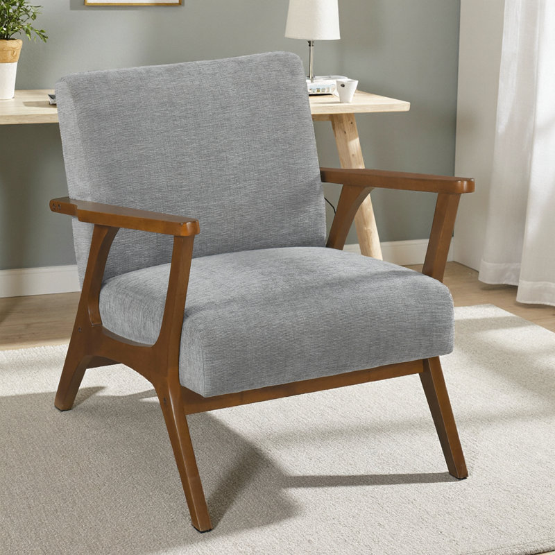 Fauteuil d'appoint contemporain en hévéa massif avec structure en bois d'hévéa, Châtaignier, gris