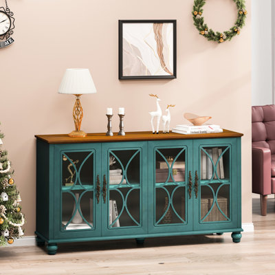 Armoire à 4 portes en panneaux de verre trempé foncé, avec placage en bois, rangement spacieux pour 4 bouteilles d'eau élégantes et bois massif, option polyvalente pour différentes pièces