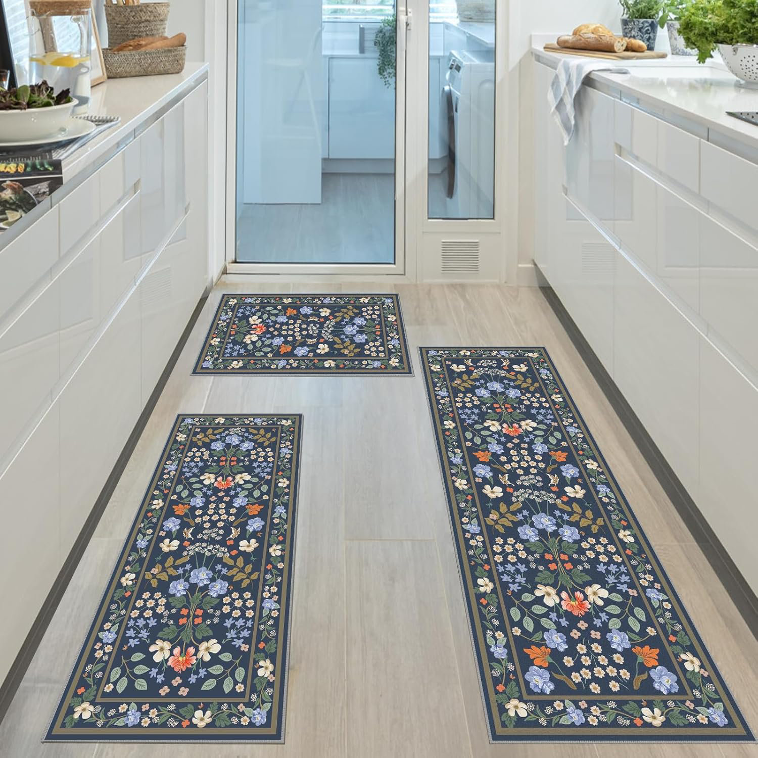 Winston Porter Dark Blue-green Boho Kitchen Rug Sets 3 Piece | Wayfair