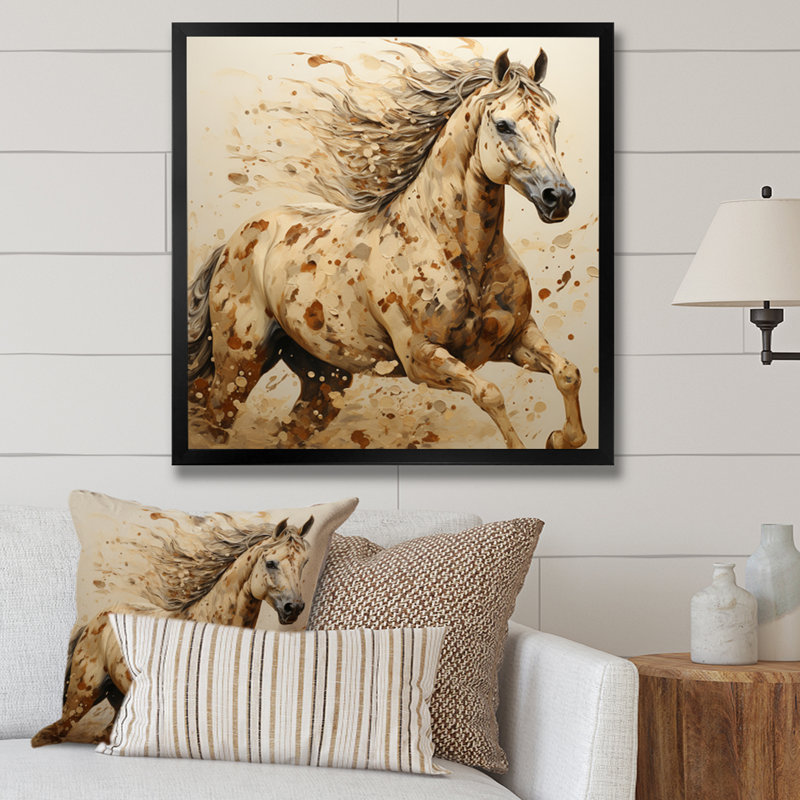 " Beige Horse Harmonious Balance Pointillism ", 30" H x 30" W x 1" D, Black Picture Framed