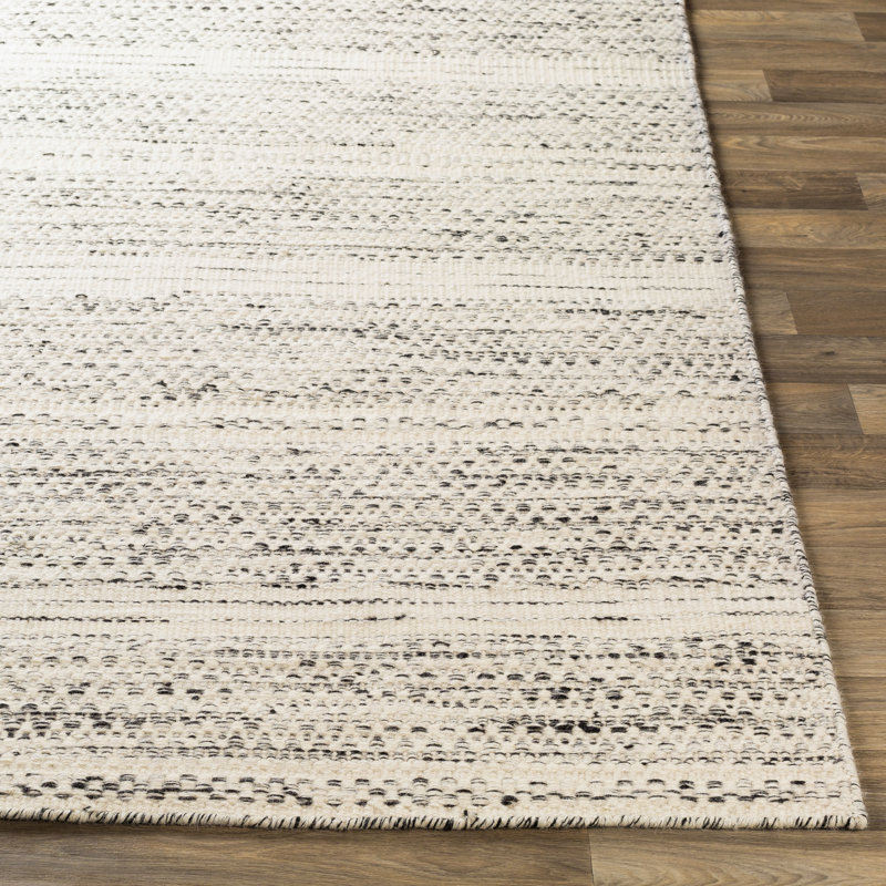 Tapis crème / noir en laine à chevrons tissés à plat, Rectangle 8 pi x 10 pi