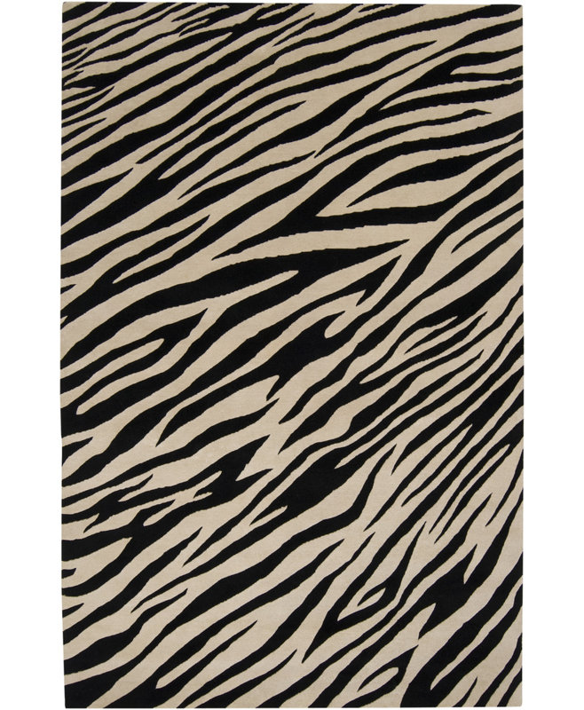 Strickland Animal Print Hand Knotted Wool Ivory/Black Area Rug, Rectangle 9' x 13'