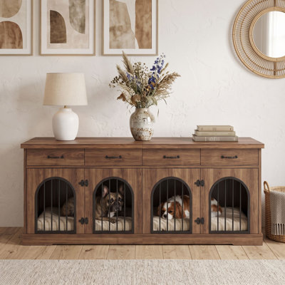 Dog Crate Furniture with Removable Divider, 4 Storage Drawers, 6-Door Indoor Kennel