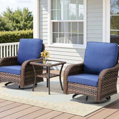 Ensemble de 3 pièces de mobilier d'extérieur bleu, bistro de patio avec table d'appoint, chaise berçante pivotante, pivotement à 360 degrés, acier thermolaqué, sièges confortables, coussins, assemblage rapide de haut profilé,