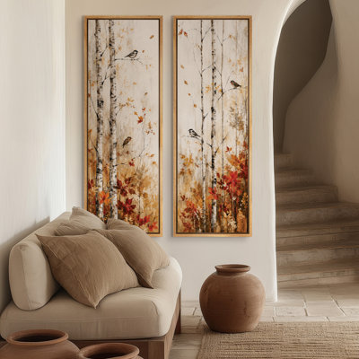«Snowy Birch Forest Landscape with Birds and Autumn Leaves Woodland Nature Scene», art mural pour salon, chambre à coucher, chalet, bureau, entrée, couloir
