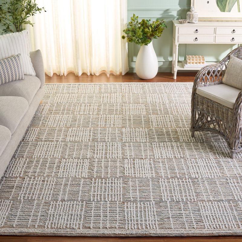 Tapis en coton à motif géométrique abstrait en laine / brun ivoire, Rectangle 8 pi x 10 pi