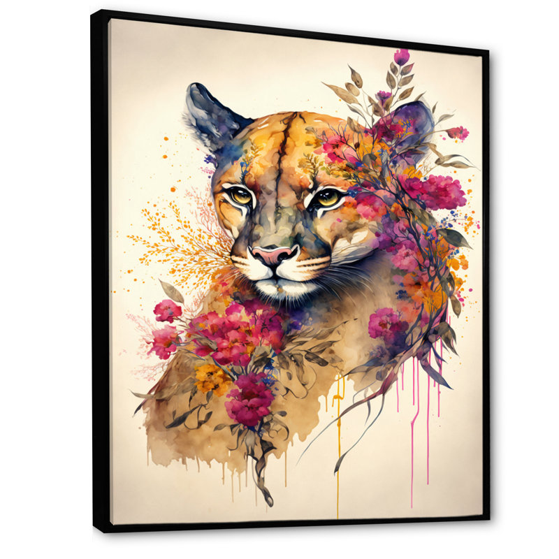 «Cute Puma Floral Art II», peinture sur toile, H 32 po x l 24 po x P 1 po, Toile avec cadre flottant noir