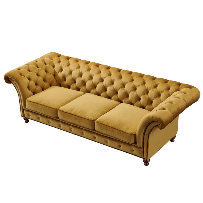 Jarique 98" Velvet Rolled Arm Chesterfield Sofa, Yellow Velvet