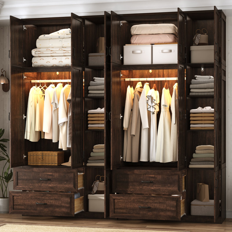 Armoire-penderie de 239 cm de haut, 6 portes, avec garde-robe supérieure et tiroirs, style champêtre, en bois, avec éclairage DEL à détecteur de mouvement et portes coulissantes. Parfait pour ranger des vêtements dans une chambre. Couleur : marron.