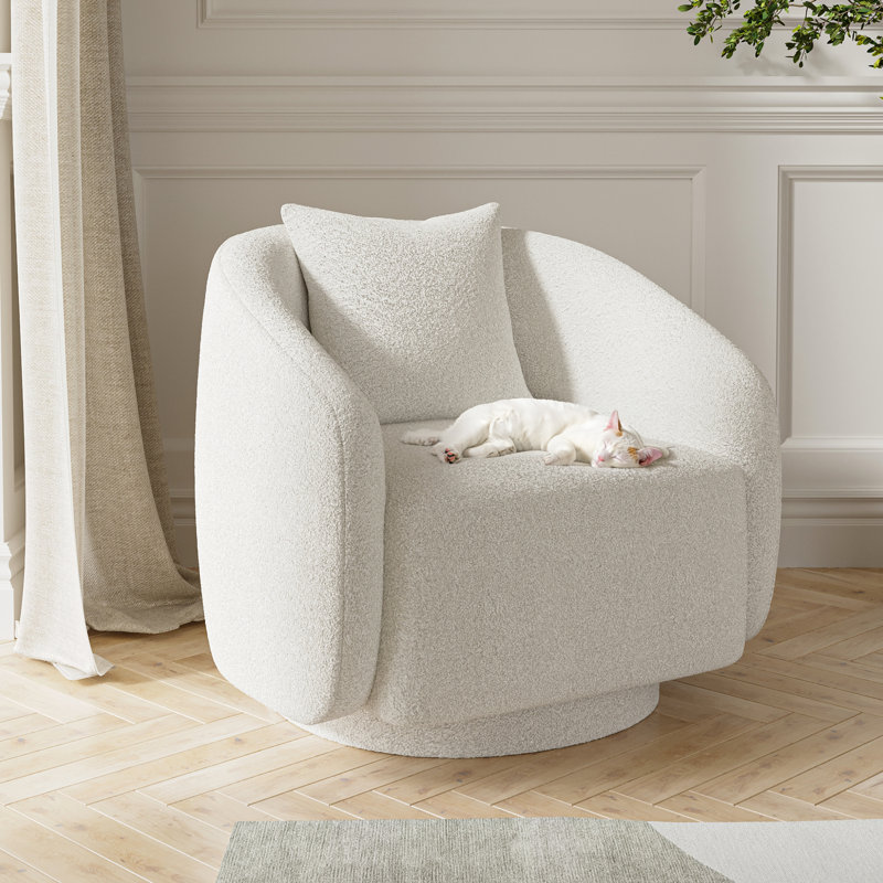 Bashar Upholstered Swivel Barrel Chair, White, 25.5" H x 28.5" W x 24.6" D