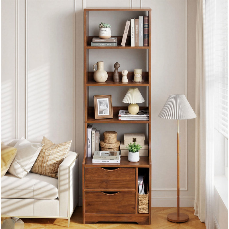 Bibliothèque standard H 58,1 "x l 18,7" avec 4 tablettes et 2 tiroirs de rangement pour appartement et petit espace, Noyer