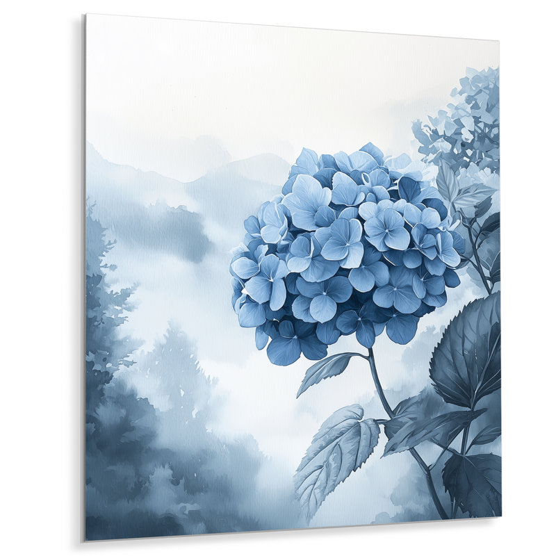 Hortensias dans un jardin brumeux I - hydrangées, impression murale en métal, H 32 po x l 24 po