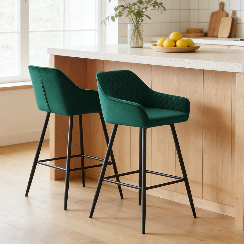 Velvet/Suede Upholstered Bar Stools with Armrests & Diamond Tufting, Velvet Green