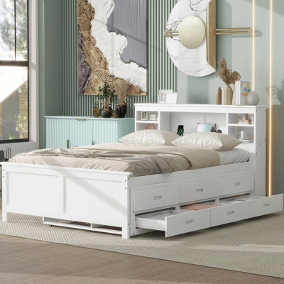 Full Size Bed With Storage Headboard, Ports & 3 Drawers - White, Twin Trundle, Solid Wood Construction White Platform Headboard Trundle Drawers, ,