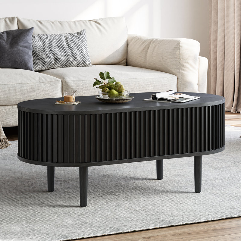Table basse ovale de 43,4 po avec rangement dissimulé, table d'appoint cannelée avec portes coulissantes en tambour, Noir