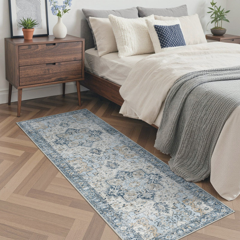 Transitional Machine Washable Non-Slip Area Rug, Runner 2' x 6', Blue