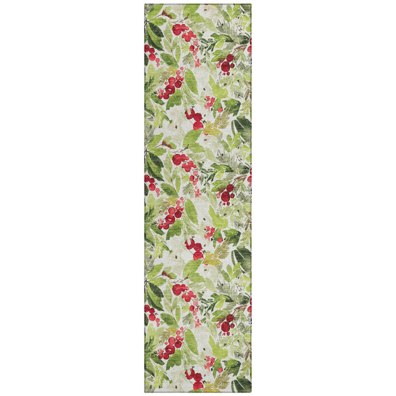 Machine Washable Indoor/Outdoor Christmas Cherries Xhevrie Aloe Rug, Runner 2'3" x 7'6"
