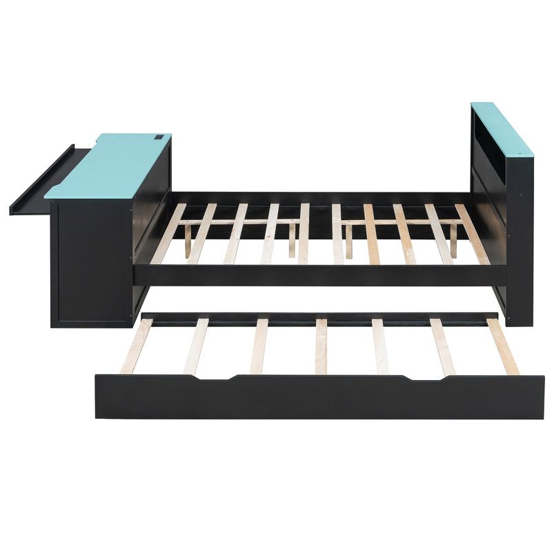 Wood Daybed With Trundle,Desk,LED Light And USB, Lit double, Noir / Bleu