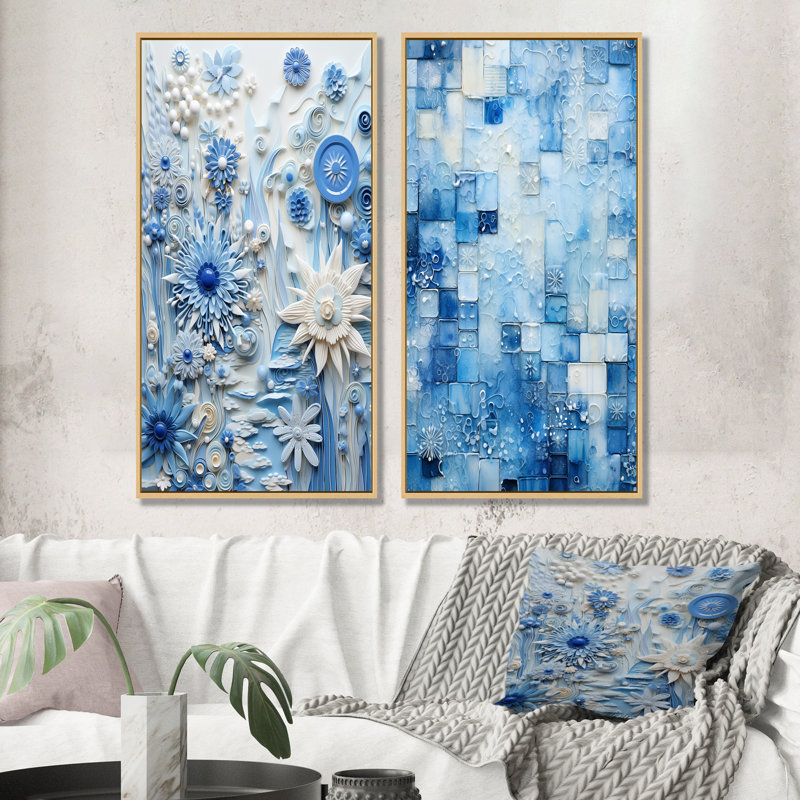 «Blue and White Botanical Tiles IV», ensemble de 2 reproductions d'art botaniques abstraites, Cadre flottant brun