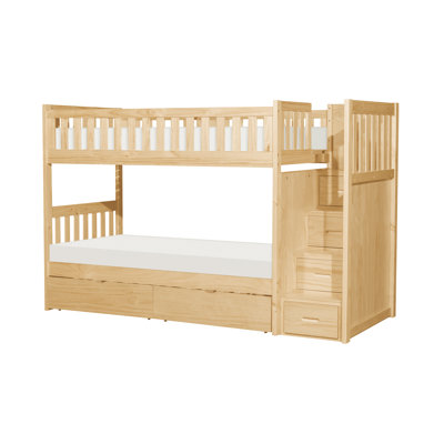 98,5 po x 41,5 po x 63,5 po, 1 pièce, bois, lit superposé simple au-dessus de simple, pin naturel, boîtes de rangement, garde-corps
