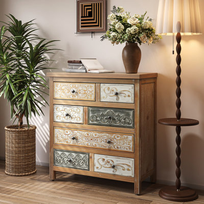 Vintage Wooden Accent Chest with 6 Drawers, Rustic Multicolor Carved Storage Dresser for Bedroom, Living Room, Farmhouse Style Decor (25.59" L x 12.6" W x 33.07" H)