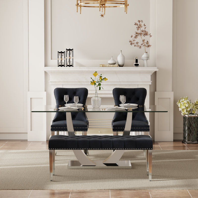 Ensemble de salle à manger rectangulaire avec banc, table de cuisine moderne de style Mid-Century et chaises capitonnées et banc de salle à manger de style luxueux Glass
