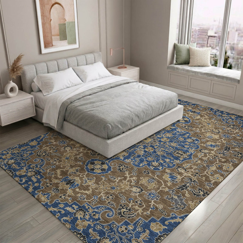 Tapis traditionnel lavable à la machine Premium Premium AMF2463, Marine, 10 pi x 14 pi