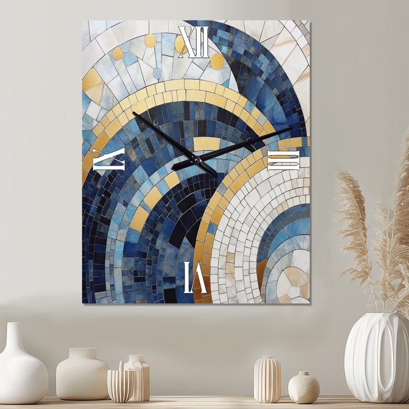 Gold Constructing Blue Realms III - Abstract Metal Wall Clock, Medium