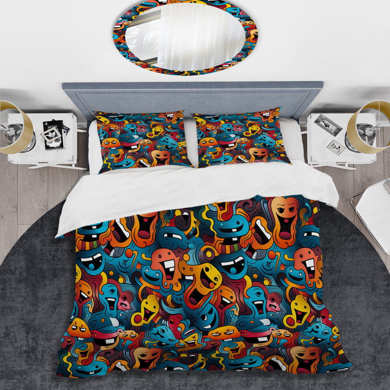 Ensemble de housse de couette Popart Emoji Abstract Fusion I, Housse de couette pour grand lit et 2 taies décor