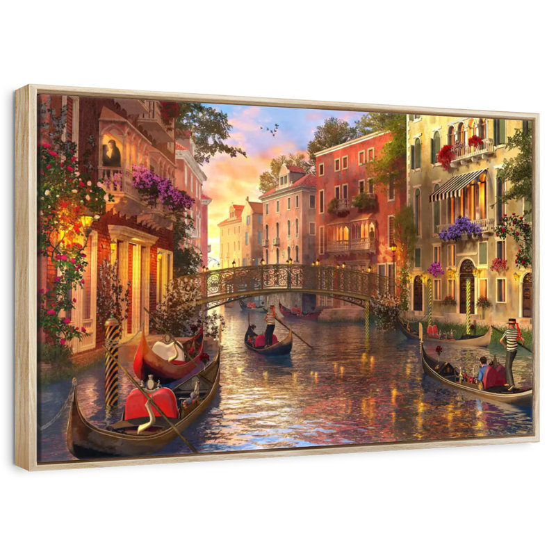Romantic Sunset In Venice, Floating Frame Natural Wood, 25" X 17"