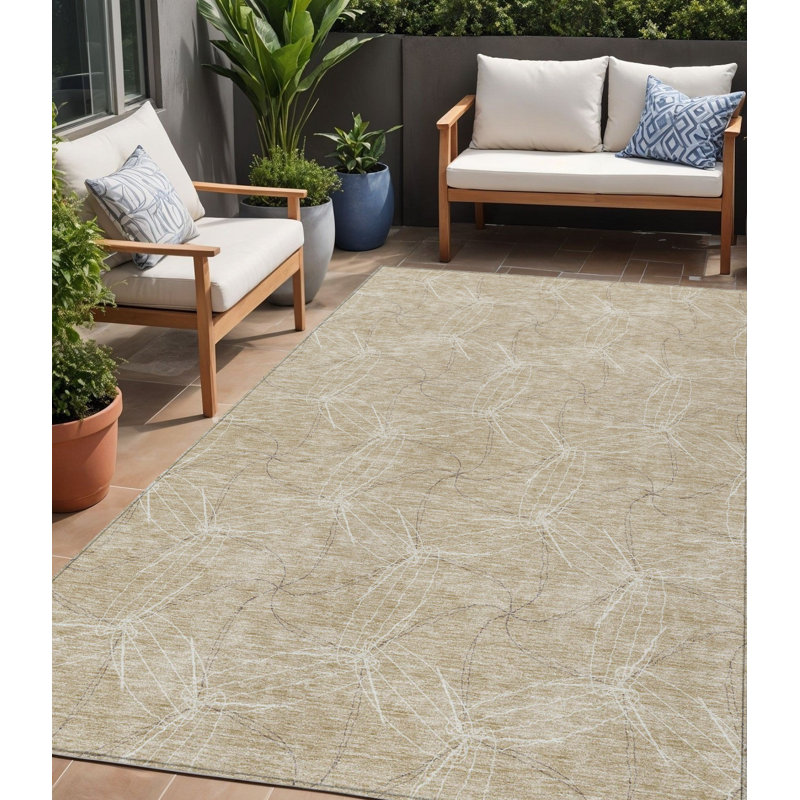 Tapis extérieur lavable à motif géométrique beige et ivoire 5 pi x 8 pi