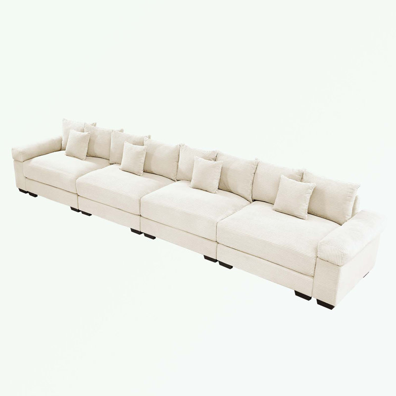 Modular Sectional Couch with 12 Throw Pillows, Beige Corduroy