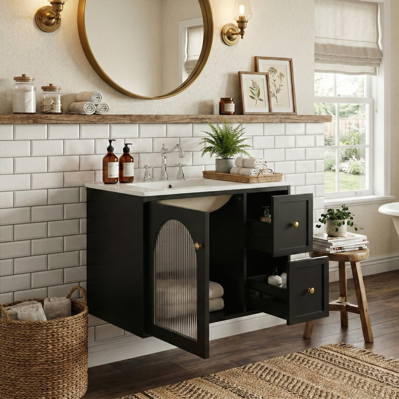24" Modern Floating Bathroom Vanity With Arched Glass Door, Wall-Mounted Cabinet With Ceramic Sink & 2 Drawers (Black), Black