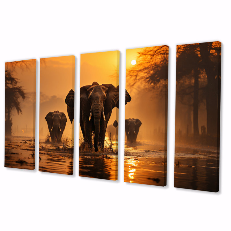 Glorious Elephant In The Wild At Sunset Wildlife I - décoration murale animaux éléphant - 5 panneaux égaux