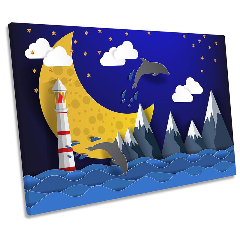 Moon Lighthouse Dolphins Framed - Wrapped Canvas Print, 81.3cm H x 121.9cm W x 4cm D